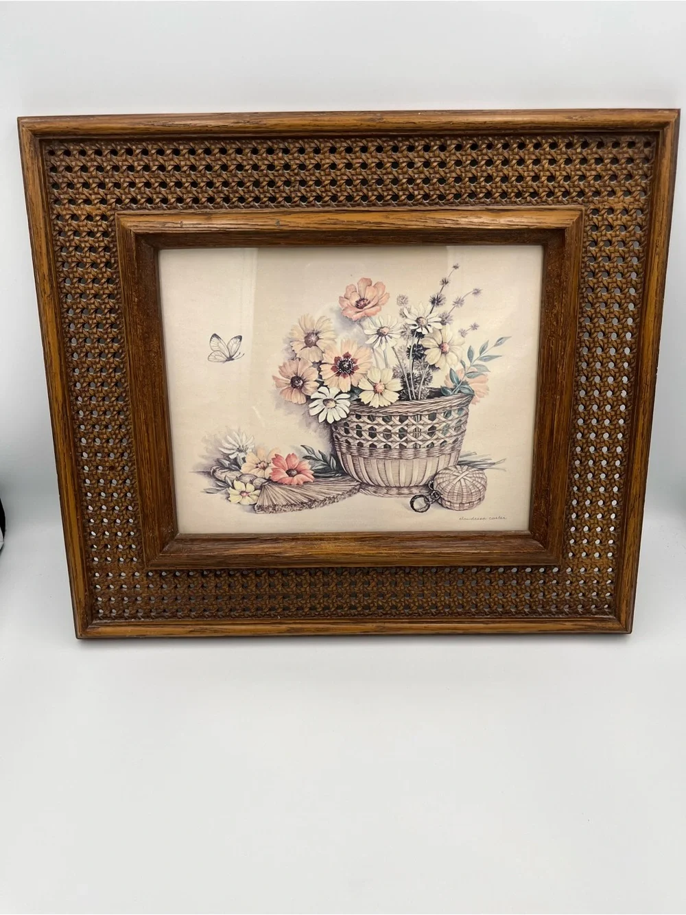 Vtg HOMCO CLAUDESSA CARTER PRINTS BUTTERFLY & FLOWERS FRAMED Wicker Wood Look